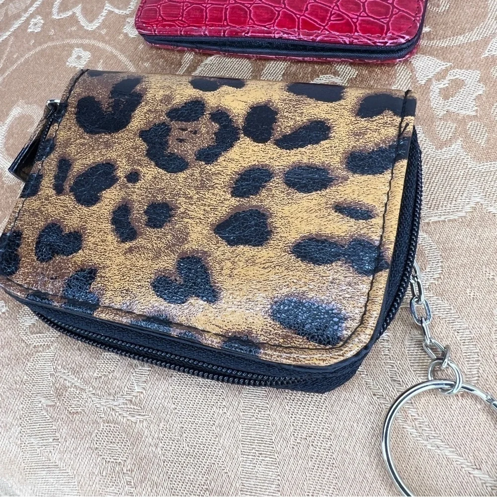SET OF TWO MINI WALLETS RED FAUX CROC LEOPARD RETRO PINUP ROCKABILLY TRAVEL